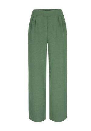 Green wide-leg trousers with a smooth texture, featuring pleats at the front and an elastic waistband for comfort.