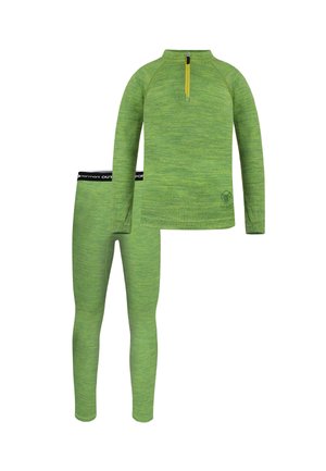 Green base layer set including a long-sleeve top with a half-zip and coordinating leggings. Made of textured, moisture-wicking fabric.