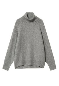 Grauer gestrickter Rollkragenpullover mit gerippten Bündchen an Ärmeln und Saum. Verfügt über eine leicht lockere Passform und ein durchgängiges strukturiertes Muster.