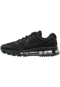 Scarpe da corsa nere Nike con una tomaia in maglia testurizzata, design elegante, ammortizzazione Air Max e suola trasparente con logo 'AIR MAX'.