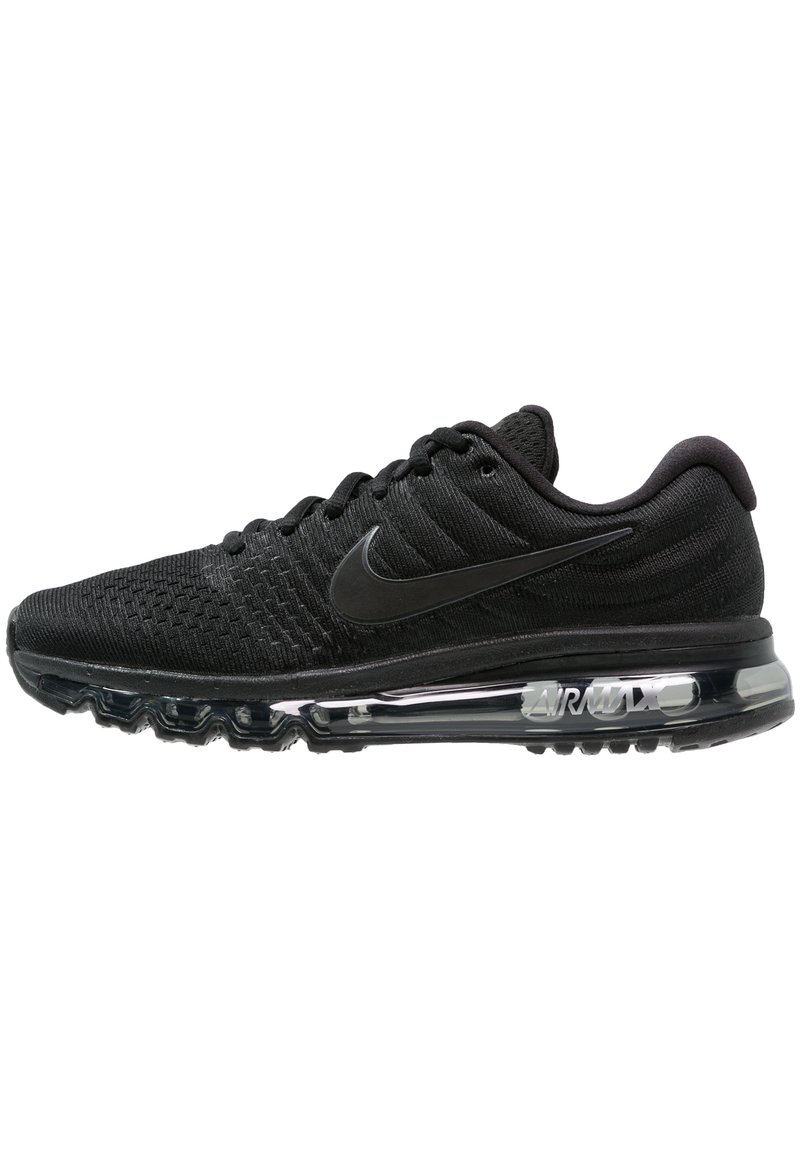 Scarpe da corsa nere Nike con una tomaia in maglia testurizzata, design elegante, ammortizzazione Air Max e suola trasparente con logo 'AIR MAX'.