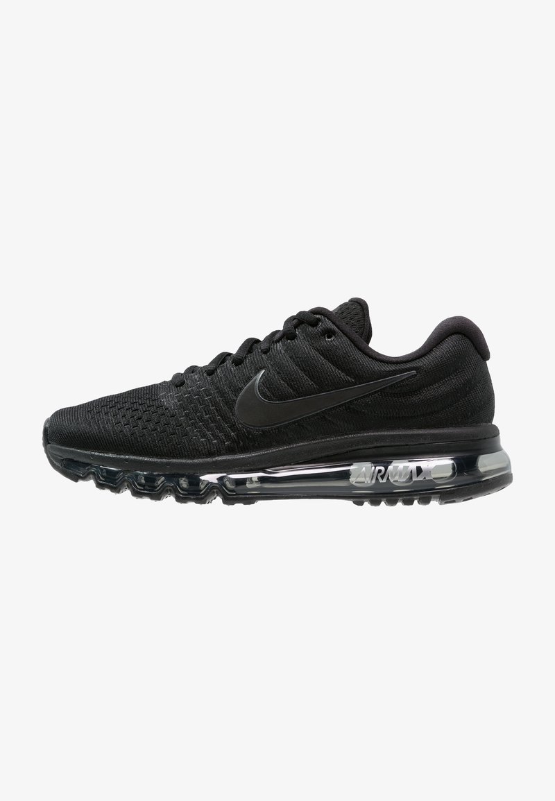 Scarpe da corsa nere Nike con una tomaia in maglia testurizzata, design elegante, ammortizzazione Air Max e suola trasparente con logo 'AIR MAX'.
