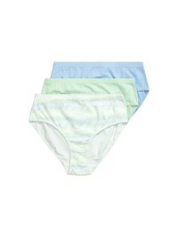 Drei Paar Damenunterhosen: hellblau, blassgrün und weiß mit einem wellenförmigen grünen Muster. Weicher, dehnbarer Stoff mit einem elastischen Bund.