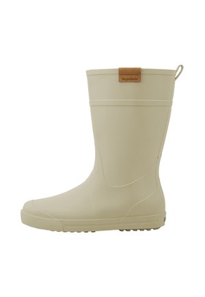Beige rubber rain boot with textured sole and pull tab, featuring a small brown leather label near the top with "Regenliebe" text.