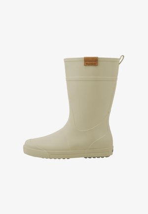 Beige rubber rain boot with textured sole and pull tab, featuring a small brown leather label near the top with "Regenliebe" text.