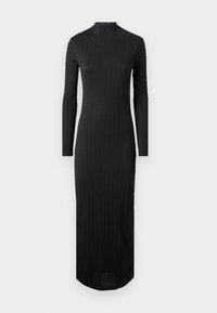 Μαύρο, μακρύ μανίκι φόρεμα με ψηλό λαιμό, ριμπ υφή και εφαρμοστή γραμμή. Διαθέτει μήκος μίντι και διακριτή τελείωση.