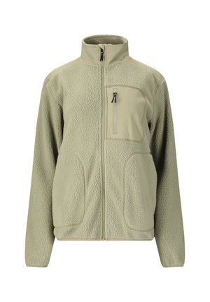 Lys beige fleecejakke med fuld lynlås foran, høj krave, to store sidelommer og en lynlåslomme på brystet.