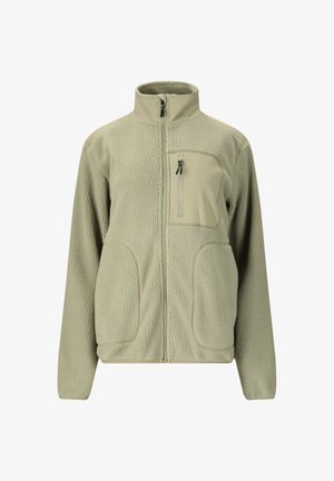 Veste en polaire beige clair avec fermeture éclair complète à l'avant, col montant, deux grandes poches latérales et une poche poitrine zippée.