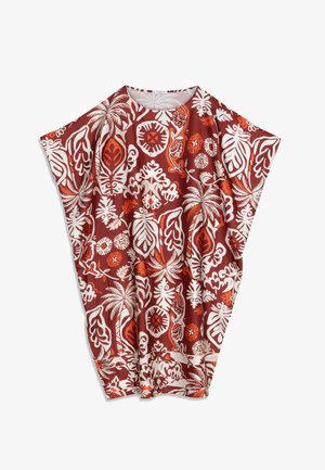 Kaftan s krátkym rukávom v červeno-bielom kvetinovom vzore, zdobený veľkými motívmi listov a kvetov; ľahká tkanina s voľným strihom.