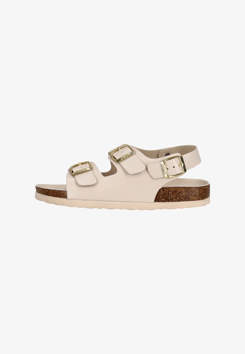 Beiga sandaler med två justerbara remmar, guldfärgade detaljer och en texturerad korksula. Öppen design möjliggör andningsförmåga.