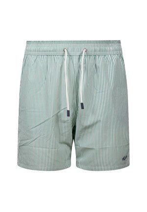Bañador corto con rayas verticales en verde claro y blanco, con cintura elástica y cordones blancos.