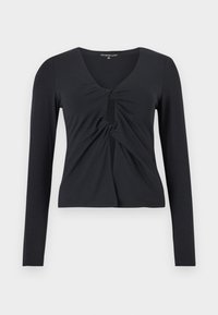 Μαύρο crop top με μακριά μανίκια, με συστραμμένο κόμπο και άνοιγμα τύπου keyhole στο μπροστινό μέρος, καθώς και V-λαιμόκοψη.