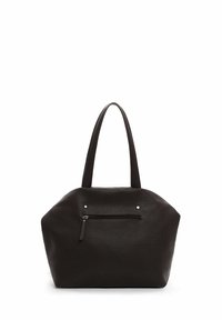 Melna ādas tote soma ar graudainu faktūru, divām rokturēm, priekšējo rāvējslēdzēja kabatu un sudraba metāla akcentiem.