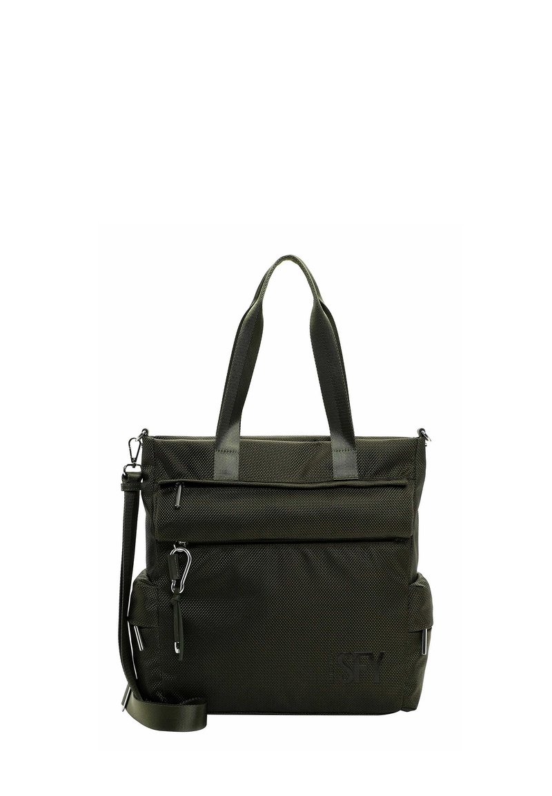 Borsa tote in nylon verde oliva con doppie maniglie superiori e una tracolla regolabile. Presenta una tasca frontale con zip e un logo in rilievo discreto.