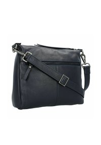 Borsa a tracolla in pelle blu scuro con tracolla regolabile, tasca frontale con zip e accessori in metallo color argento.