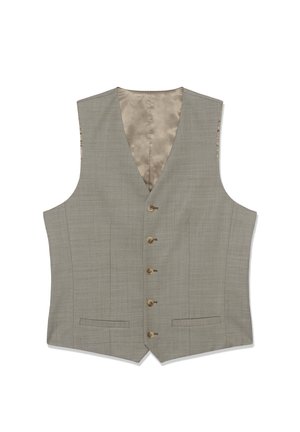 Moška svetlo siva brezrokavnik z petimi gumbi in dvema sprednjima žepoma z odprtino, satenasta notranja podloga in ovratnik v obliki črke V.