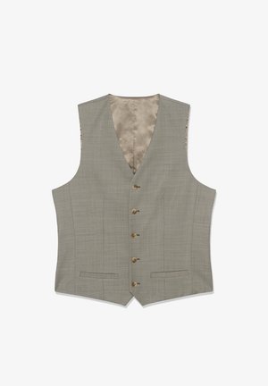 Moška svetlo siva brezrokavnik z petimi gumbi in dvema sprednjima žepoma z odprtino, satenasta notranja podloga in ovratnik v obliki črke V.