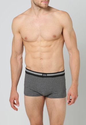 Zwart en grijs gestreepte boxershort met een elastische tailleband. De stof lijkt glad met een aansluitend ontwerp, met een merkniveau op de tailleband.