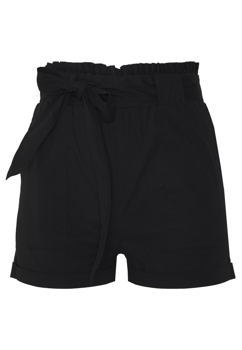 Svarta shorts av lättviktigt material, med ett elastiskt midjeband och knytning, två sidfickor och uppvikt fåll.