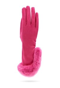 Guanto invernale rosa brillante con tessuto morbido e bordo in pelliccia soffice intorno al polso, mostrato steso con le dita distese.