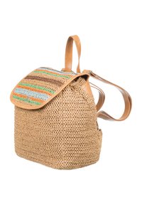 Woven straw backpack in tan with a colorful striped flap. Features leather straps and accents, compact design, and textured finish.