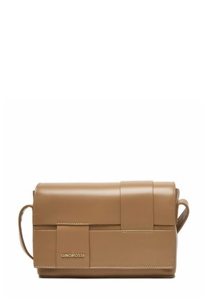 Rectangular tan leather crossbody bag with flap, wide strap detail, and "GINO ROSSI" logo in gold on front bottom left.