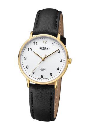 Montre-bracelet classique avec cadran blanc, boîtier en or, bracelet en cuir noir, index noirs et trois aiguilles dorées indiquant 10:09:35.