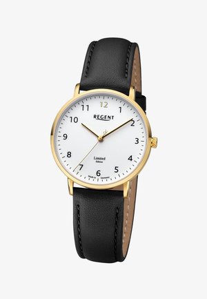 Montre-bracelet classique avec cadran blanc, boîtier en or, bracelet en cuir noir, index noirs et trois aiguilles dorées indiquant 10:09:35.