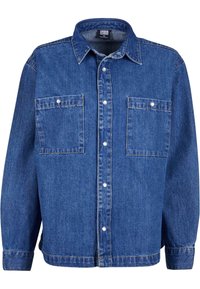 Jeansjack in medium blauw met lange mouwen, knoopsluiting aan de voorkant en twee borstzakken. Beschikt over een klassieke kraag en een ontspannen pasvorm.
