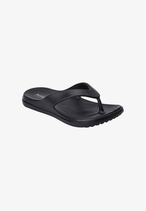 Sandale tongs en caoutchouc noir avec semelle moulée, semelle texturée et large bride entre les orteils, présentée en angle pour montrer la vue de dessus et de côté.