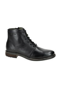 Schwarze Leder-Stiefelette mit runder Zehe, Schnürdesign, kontrastierenden Nähten und einem braunen Holzabsatz. Mit eingeprägtem Markenlogo.
