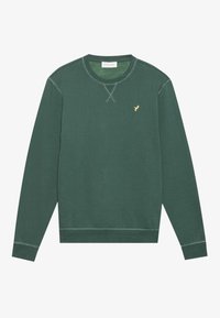 Grüne Sweatshirt mit langen Ärmeln, gerippter Textur, Rundhalsausschnitt und kontrastierenden Nähten. Mit kleinem goldenen Logo auf der Brust.