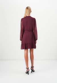 Woman standing facing away wearing a sheer long-sleeve burgundy dress with a ruffled hem and black strap heels.