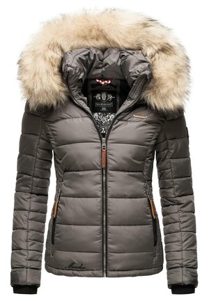 Gray padded jacket featuring a removable fur-lined hood, quilted texture, zippered pockets, and branded detailing on the left side.