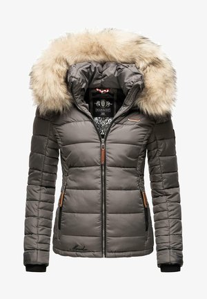 Gray padded jacket featuring a removable fur-lined hood, quilted texture, zippered pockets, and branded detailing on the left side.