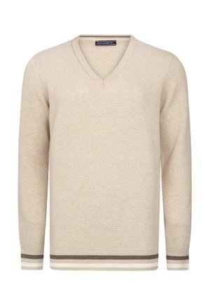 Beige gebreide V-hals trui met lange mouwen, voorzien van bruine en witte gestreepte boorden en zoom.