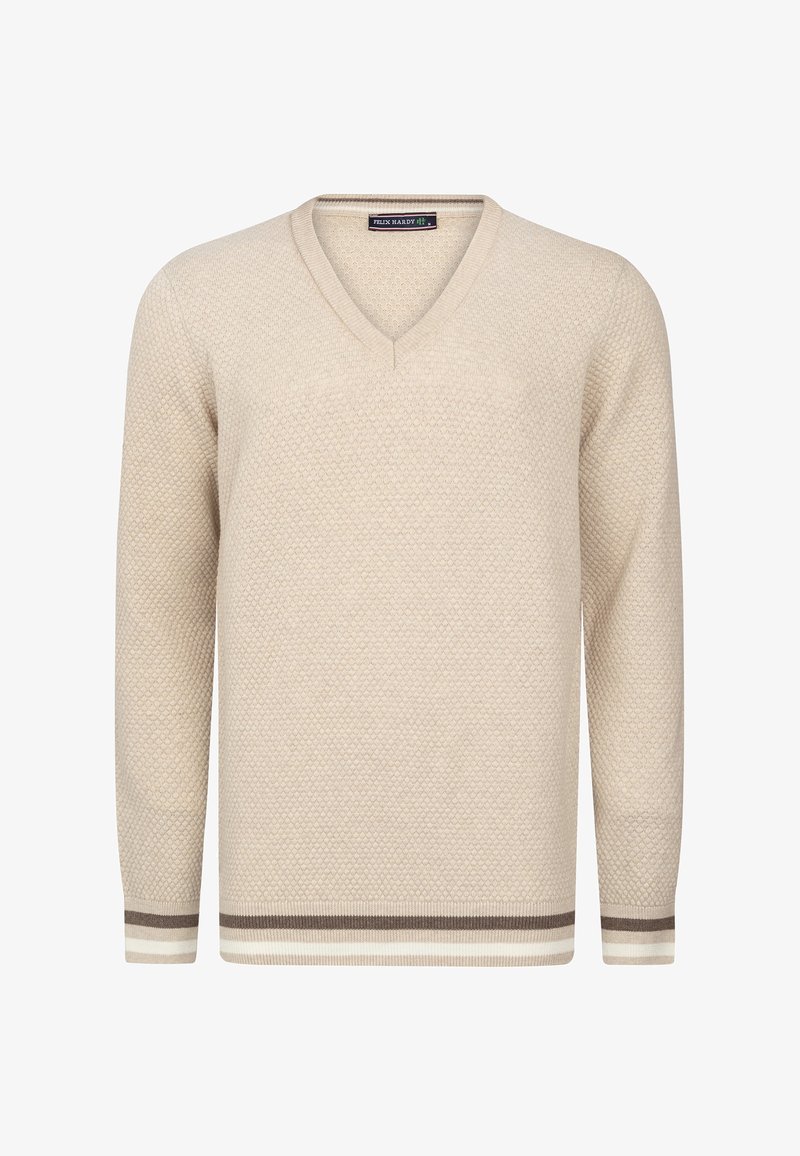 Pull beige texturé à col en V avec manches longues, orné de poignets et d'un ourlet à rayures marron et blanches.