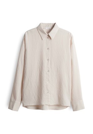 Chemise à manches longues beige clair avec un motif texturé à rayures, col pointu et fermeture à six boutons sur le devant. Tissu en mélange de coton.