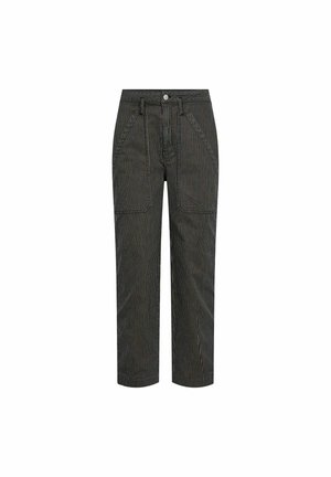 Black and white striped trousers with a straight fit, featuring front pockets and a button closure at the waist, made of textured fabric.