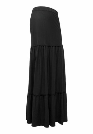 Fekete, réteges maxi szoknya, elasztikus derékrésszel és finoman texturált anyagból, áramló és kényelmes viseletre tervezve.