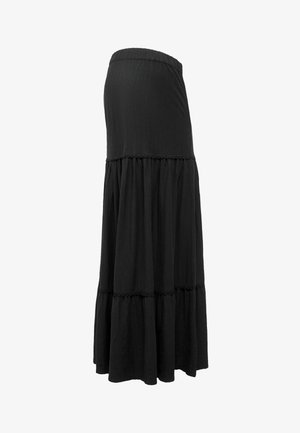 Schwarzer, gestufter Maxi-Rock mit elastischem Bund und dezent strukturierter Stoffqualität, entworfen für einen fließenden und bequemen Sitz.