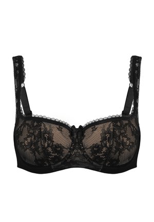 Black lace bra featuring sheer material, floral pattern, scalloped edges, adjustable straps, and a center bow detail.