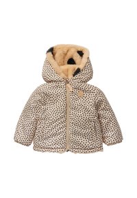 Beige Daunenjacke mit schwarzen Punkten, Futter aus Kunstfell, großer Kapuze und Frontreißverschluss. Verfügt über zwei Seitentaschen.