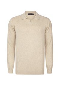 Suéter de punto de manga larga en beige con cuello, puños y dobladillo acanalados, que presenta un diseño de polo con escote en V abierto.