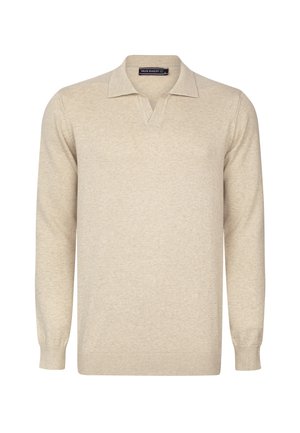 Suéter de punto de manga larga en beige con cuello, puños y dobladillo acanalados, que presenta un diseño de polo con escote en V abierto.