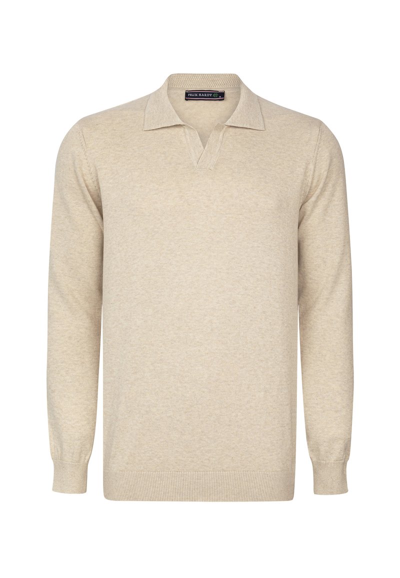 Suéter de punto de manga larga en beige con cuello, puños y dobladillo acanalados, que presenta un diseño de polo con escote en V abierto.