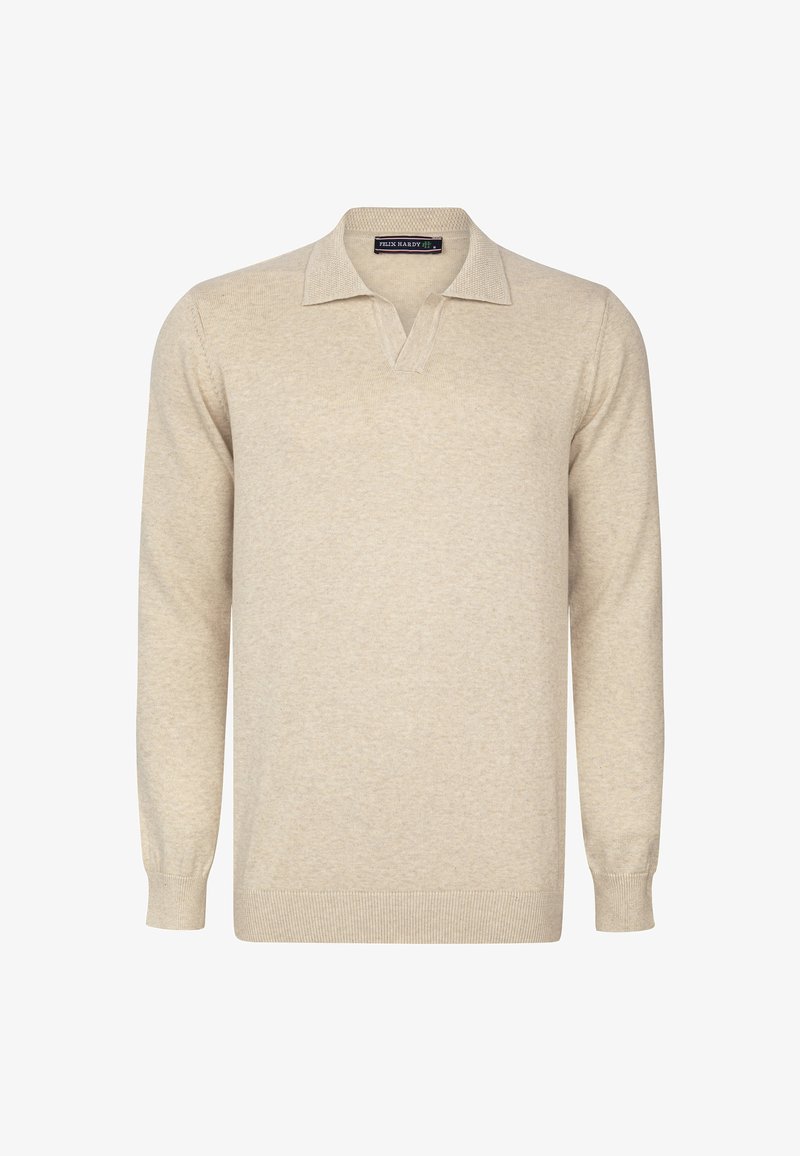 Beige langärmeliger Strickpullover mit geripptem Kragen, Bündchen und Saum, ausgestattet mit einem offenen V-Ausschnitt im Polo-Design.