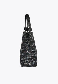 Tkaná černá taška se barevnými skvrnami, cylindrick�ými černými uchy a texturovaným povrchem. Zužující se tvar s otevřeným vrškem.