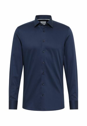 Men's long-sleeve navy blue dress shirt with button-down front and spread collar, displayed on a white background.