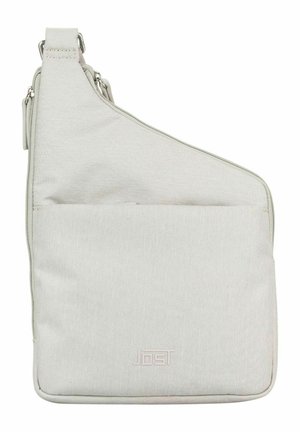 Sac bandoulière en tissu gris clair avec poche avant, fermeture éclair et sangle réglable, marqué d'un logo "Jost" discret.
